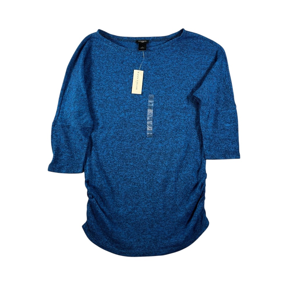 Ann Taylor Blue Heathered Ruched Knit Boat Neck 3/4 Sleeve Top Size S NWT
